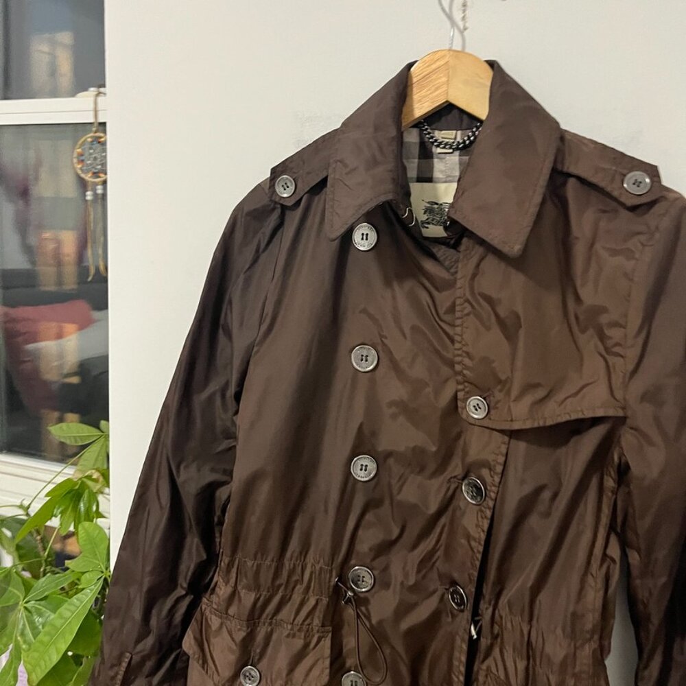 Burberry Brown Double Breasted Nylon Rain Coat Size 6 - Picture 2 of 11